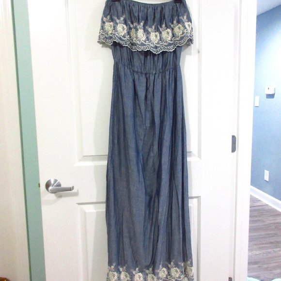 bobeau Dresses & Skirts - Strapless embroidered ruffle maxi chambray S